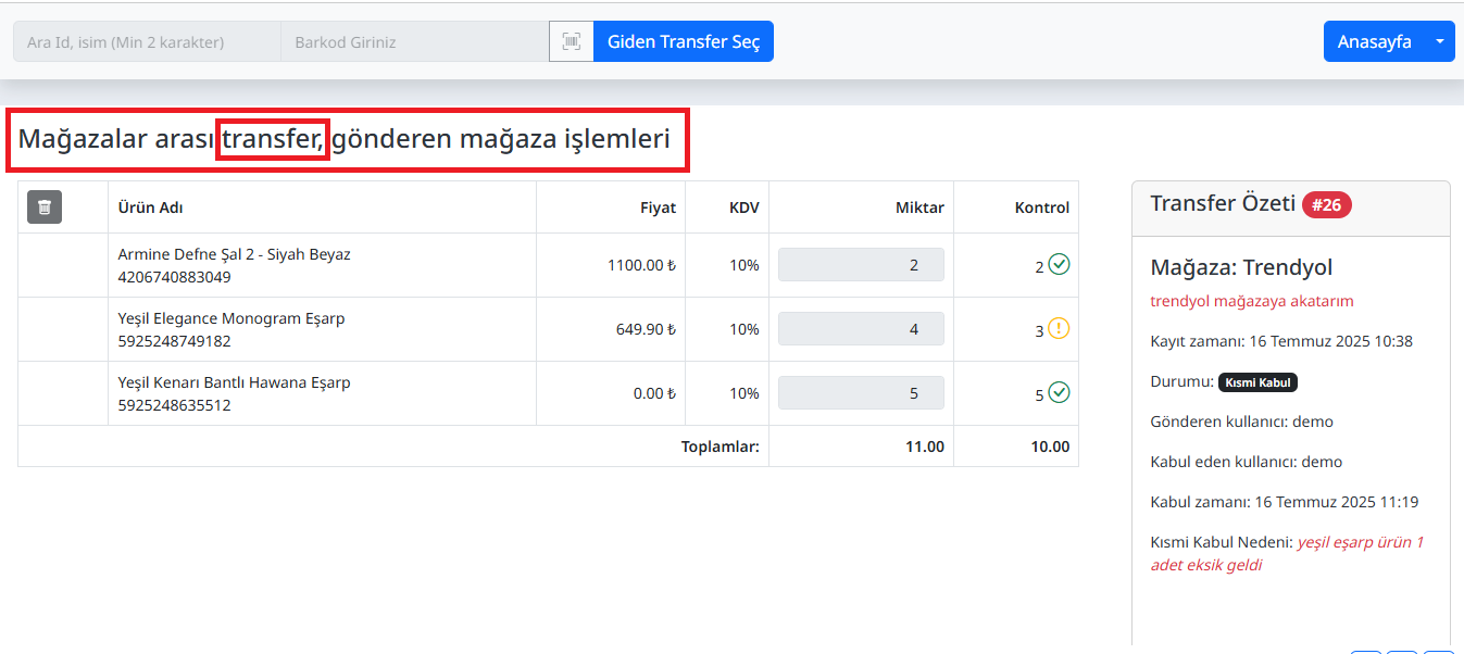 Stok Pratik Transfer İşlemleri