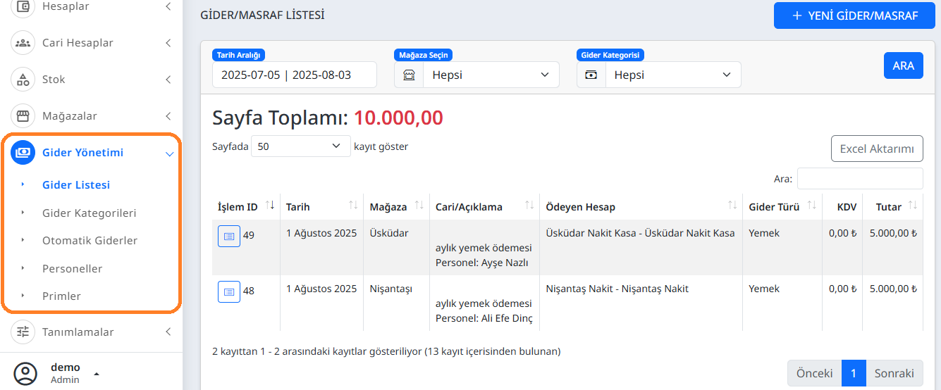 Stok Pratik Cari Giderler Ekranı